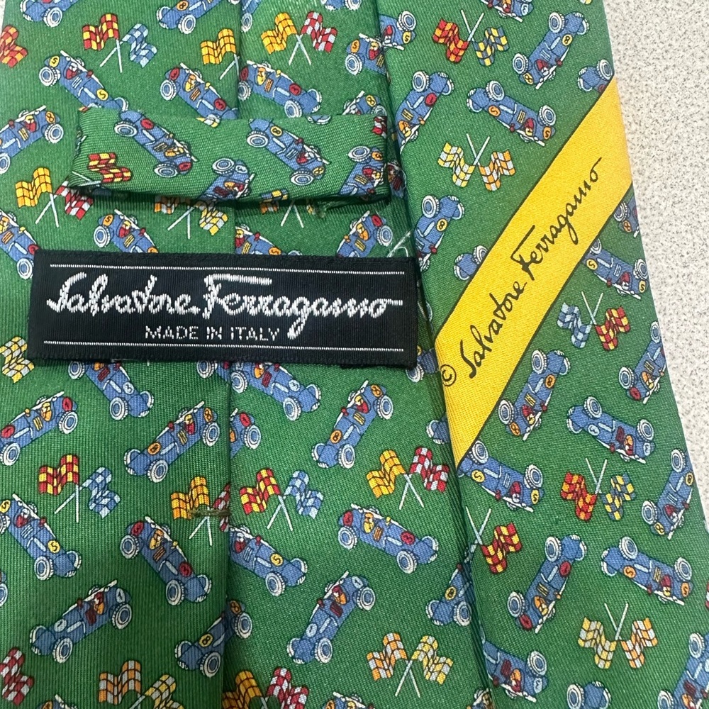 Salvatore Ferragamo Vintage Silk Tie Race Cars Made in Italy